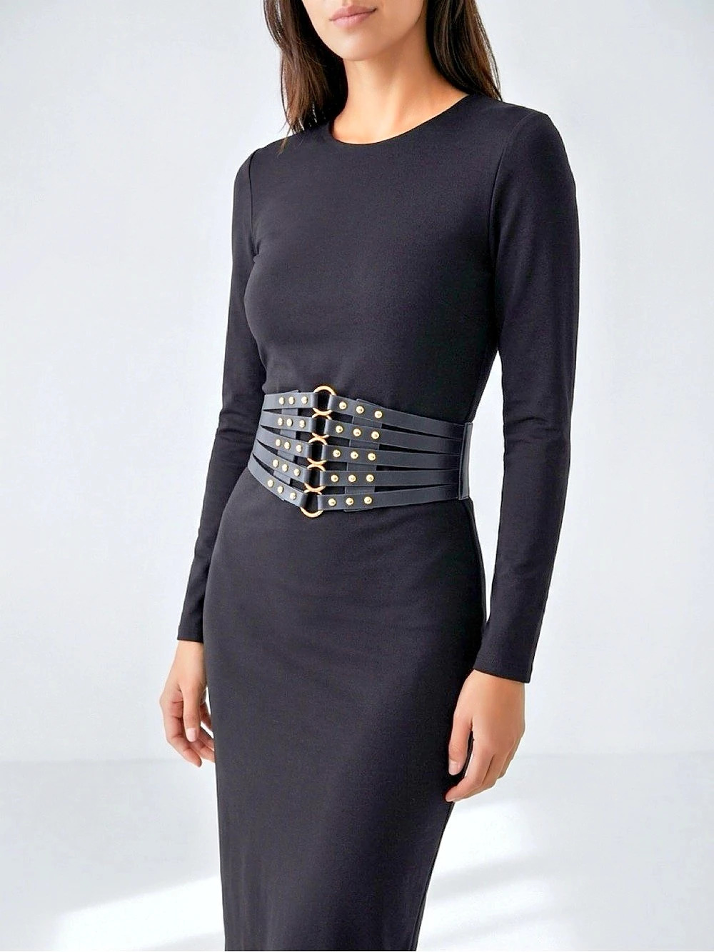 Wide Waist Belt with gold tone buckles